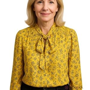 Nanette Lepore Ditsy Floral Pleated Bow Long Sleeve Blouse XL Yellow